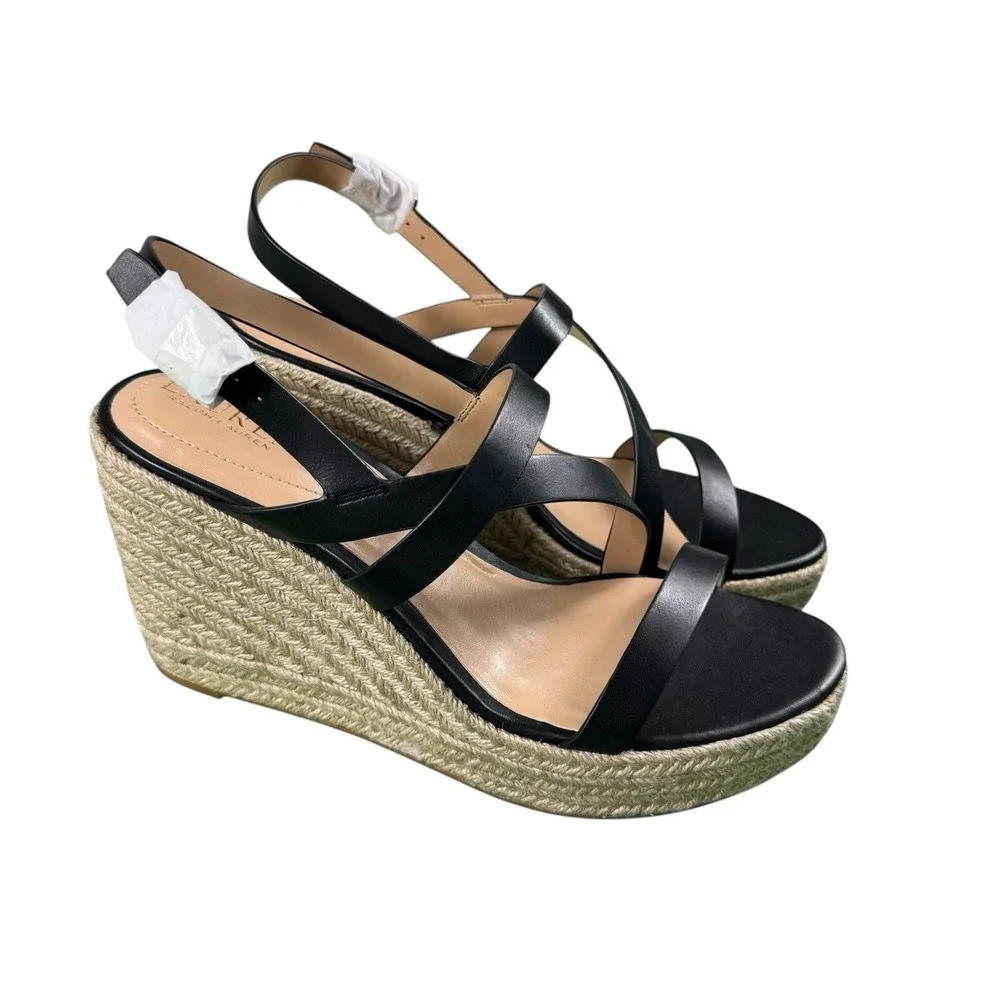 Lauren Ralph Lauren Haleigh Black Leather Platform Wedge Sandals Womens 11B NIB